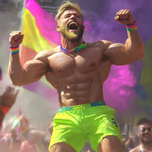 Refined Prompt: A muscular, blonde-haired man with a beard, spor...