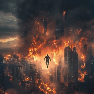 You are a graphic designer who is an expert in Photoshop. Create an image of a superhero flying over a burning city.