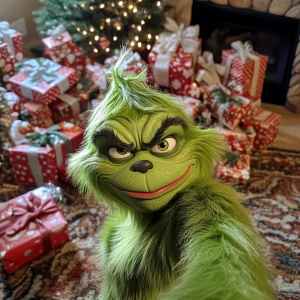 The Grinch posing for a selfie with an exaggerated angry express...