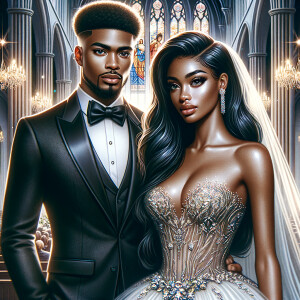 Create a realistic airbrushed illustration of a beautiful African-American couple at their wedding. The woman has flawless makeup, long wavy hair, and wears a spectacular gown adorned with various types of jewels, embodying elegance and sophistication. Her partner, an African-American man, is dressed in a sleek black Gucci suit and sports a fade crop top haircut, adding a modern flair to his dapper appearance. They stand together in a beautiful church, which is enhanced by colorful stained glass windows casting a vibrant glow around them, adding to the solemnity and joy of the occasion. The image should capture the essence of their love and the intricate details of their attire and the setting, all in a heavily HDR style at 300 dpi.