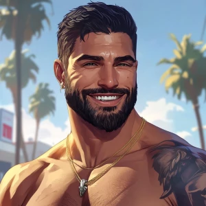 White muscular thin man with beard, big chin, smile and cheekbon...