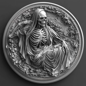 Design a high-contrast grayscale 3d bas relief of death, The composition should be circular like a coin emblem, designed for CNC routing with balanced lighting to accentuate fine details, sharp edges, and distinct textures. Employ deep shadows and strong highlights to define planes and surfaces clearly.