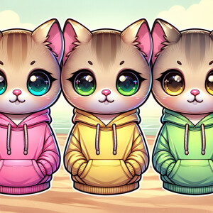 Desain tiga kucing kartun dengan mata besar dan ekspresif, telin...