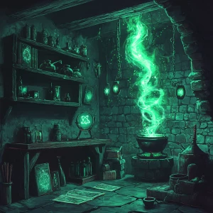 The interior of an alien witch’s lair in 2.5D style, with floati...