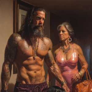 Create a hyperrealistic oil painting of a muscular, bearded, and...