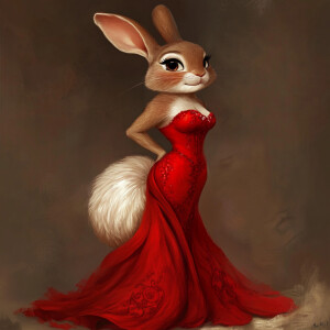 Lola Bunny, dressed in an elegant red evening gown.