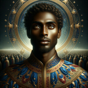 Create a beautiful African-American Jesus Christ with Hazel, brown eyes and blue and gold robe