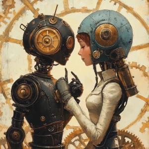 Design an illustration of two robots adorned with steampunk aest...