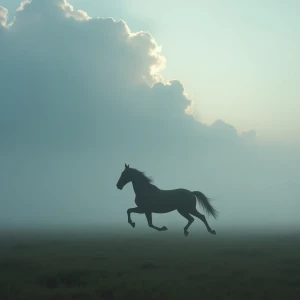 A ghostly horse materializes from the billowing clouds overhead,...