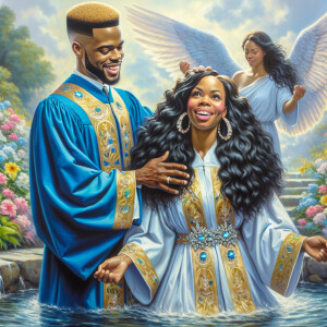 An oil painting depicting a light-skinned African-American pasto...