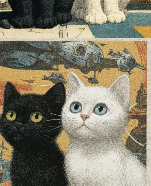 front of old card showcasing a black kitten and a white kitten....