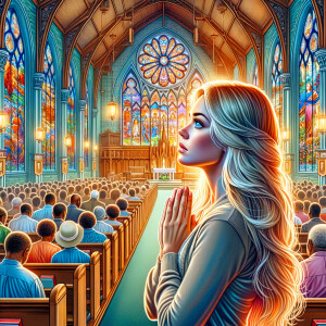 Create a realistic airbrushed illustration of a woman with long, blonde hair and huge blue eyes, praying at the altar in a church. The church is filled with an African-American congregation, adding to the diverse and spiritual atmosphere. The interior of the church features a beautiful stained glass window that casts colorful light throughout the space, enhancing the spiritual ambiance. The setting is serene and filled with a sense of community and faith, capturing the moment of prayer in a sacred environment. Ensure the illustration is detailed, with attention to the expressions of devotion and the intricate designs of the church interior, in a heavily HDR style at 300 dpi.