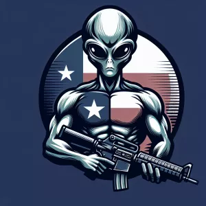muscular tactical 
alien
with texas flag shirt shooting a rifl...