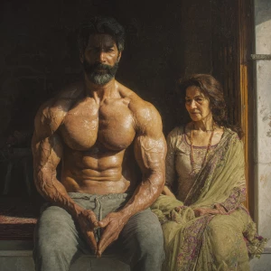 Hyperrealism,sharp painting,A man muscular beefy sweaty doinga y...