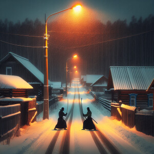 Night, a long two-lane road through a dacha village near Moscow...