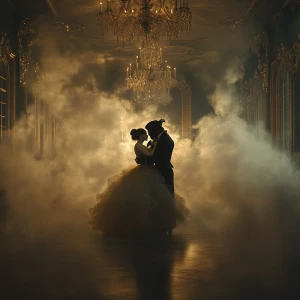 Beauty and the beast dancing in a ballroom surrounded by ghostly fog. Hyper expose. Ultra-detailed. The image should feature dark, surreal elements, and errie aesthetics, ultra-realistic style, 8K, C4D rendering, OC rendering,HDR,with a close-up picture,masterpiece, perfect composition and lighting