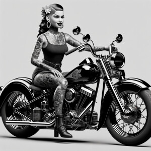 Creat a masterpiece of a beautiful purter rican woman with tattoos sitting on a shiny black Harley Davidson