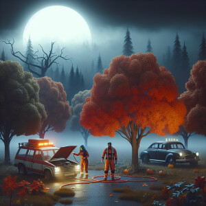 Autumn. Night. Fog. There is a broken-down car. There are rescue...