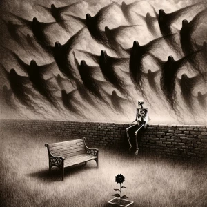 Create a monochrome image depicting a desolate grassy field boun...