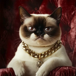 rapper grumpy cat siamese on a throne grumpy face in a chain gol...
