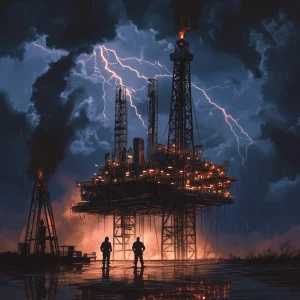 Texas oil rig workers working during a lightning storm, digital...