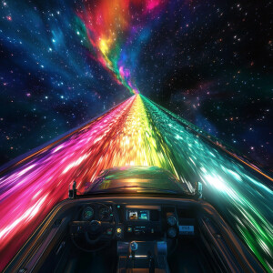 first person POV driving a truck on a rainbow glass road floatin...