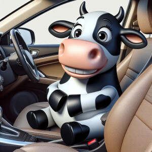 Cartoonish cow sitting in the passenger seat of a car