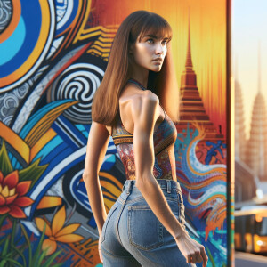 Athletic Thin skinny Attractive, Asian teenage girl, long brown hair and bangs, wearing tight skinny jeans and a halter top paint marks on her clothing, heroic pose Asian graffiti background,  backside view