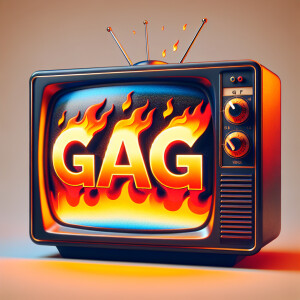 Tube TV with the word “GAG” on the screen on fire cartoon logo