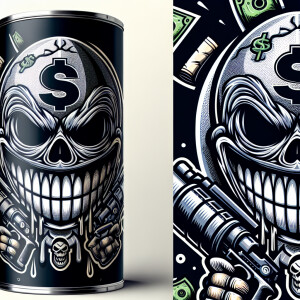 Create a circular, comic-style logo portraying an evil round smi...