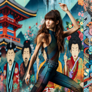 Very thin Athletic Thin skinny Attractive, Asian teenage girl, long brown hair and bangs, wearing tight skinny jeans and a halter top paint marks on her clothing, sitting side view heroic pose Asian graffiti