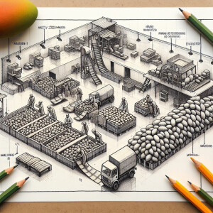 Create a sketch of a very small mango packing plant in Pakistan...