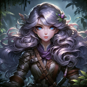 A beautiful huntress from the “Monster Hunter” series with dark...