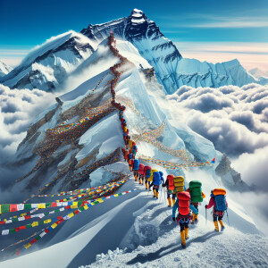 Create an image of Mount Everest showing its peak piercing throu...