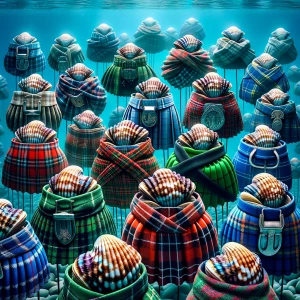 A group of clams wearing Scottish kilts and tartans, each embell...