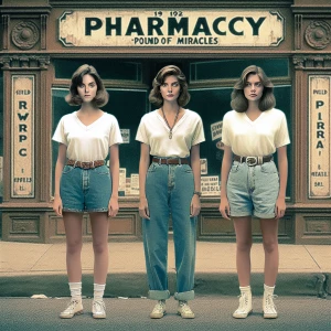 Create a color film photograph from 1962 of three beautiful, ext...