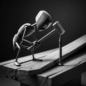 Create an image of an anthropomorphic nail wielding a hammer to...