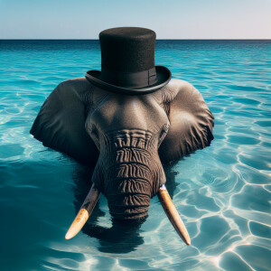 An elephant swimming in the ocean wearing a top hat