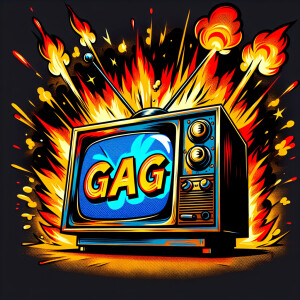 Tube TV with the word “GAG” on the screen on fire cartoon logo