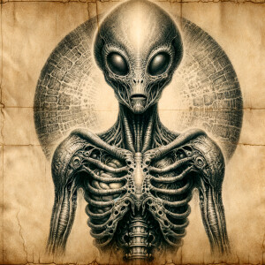 Aged parchment, graphite medium, realistic alien being illustrat...