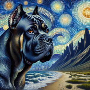 Create a stunning oil painting of a cane corso   with striking b...