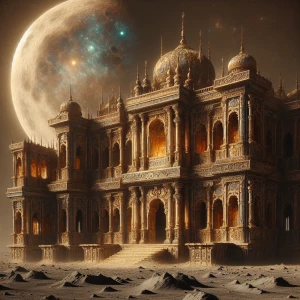 Amidst the shadows of the moon, a opulently decaying lunar palac...