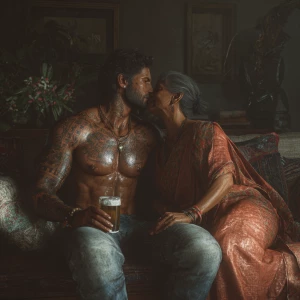 Hyperrealism,--V6.a muscular beefy sweaty tattoed indian man sit...