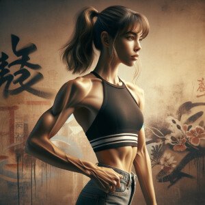 Athletic Thin skinny Attractive, Asian teenage girl, long brown hair and bangs, wearing tight skinny jeans and a halter top paint marks on her clothing, heroic pose Asian graffiti background, side view