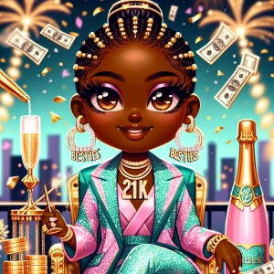 A hyper-glam chibi-style African American queen with brown eyes...