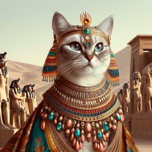 A cat in ancient Egypt dressed like an ancient Egyptian, queen....