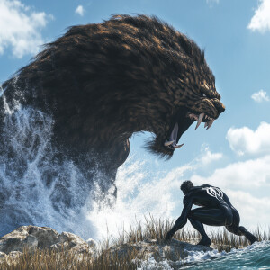 Create an 3d epic fantasy scene featuring a colossal mythical cr...