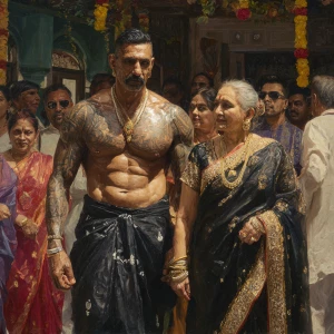 Hyperrealism photo painting .a muscular beefy sweaty tattoed ind...