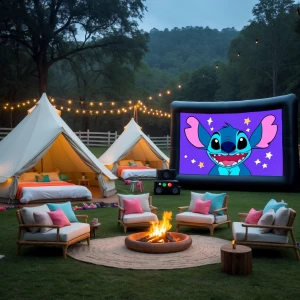 Outdoor girls' glamping birthday sleepover party featuring a  be...