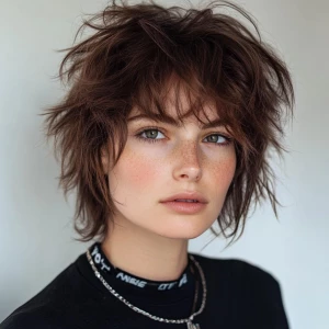 a woman, look to the camera, close up photo, medium Shaggy cut H...